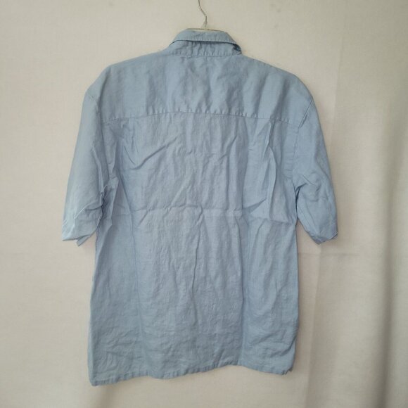 Alan Flusser Shirt Mens XL Blue Linen Short Sleeve Button Up Pocket Beach Casual - Picture 5 of 12